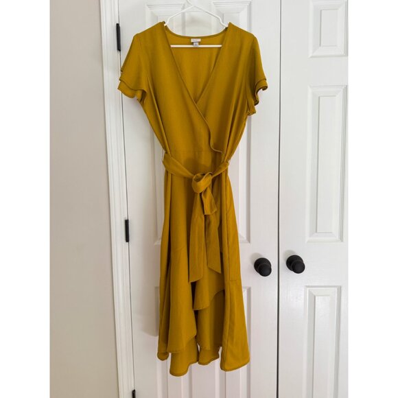 A New Day Mustard Gold Yellow Midi Wrap Dress L/Large - Picture 2 of 7